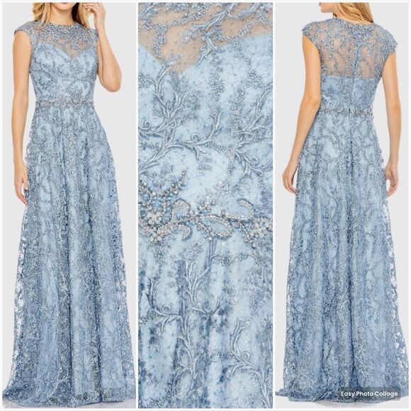 MAC DUGGAL79430 Womens Blue Embroidered Cap Sleeve A Line Gown